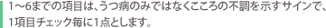 1～6までの項目は、うつ病のみではなくこころの不調を示すサインで、1項目チェック毎に1点とします。